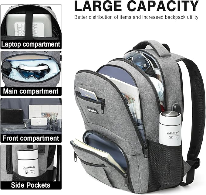Travel Backpack, Large Laptop Backpack with USB Charging Port, Anti Theft Slim School Backpack for Men, Business Water Resistant College Bookbag Fits 17.3 Inch Computer Backpack, Grey