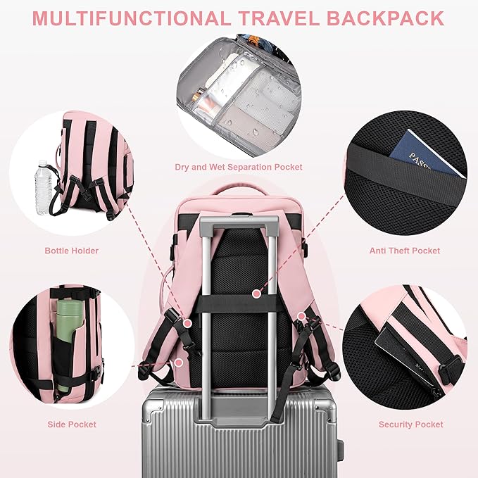 Carry On Travel Backpack, Expandable Extra Large Airline Approved,Lightweight Daypack for Men and Women（Pink）