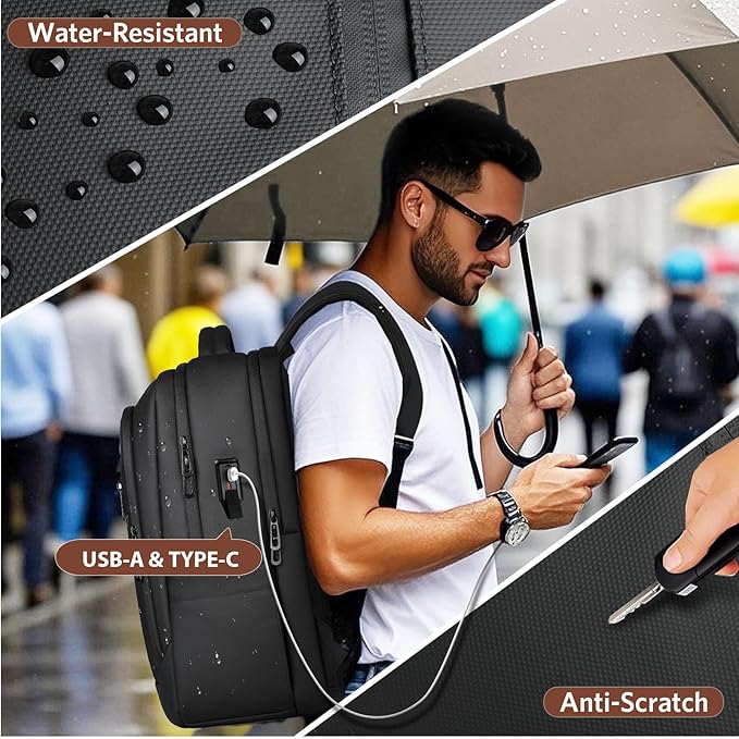 17-Inch Laptop Backpack for Men & Women, 25L Business Work Backpack with USB Charging Port, Water Resistant Computer Bag with Anti-Theft Pocket for Travel Office Daily– Black