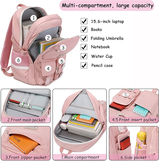 Makukke School Backpacks for Teen Girls - Laptop Backpacks 15.6 Inch College Cute Bookbag Anti Theft Women Casual Daypack,Pink Backpack
