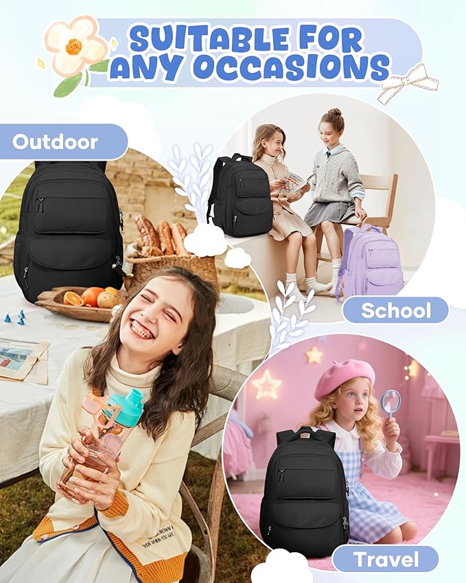 Backpack for Girls,Kids School Backpack Girls Cute Kindergarten Elementary Preschool Middle School Bags Kids Teens Aesthetic Bookbag Kawaii Backpacks Student Daypack Black