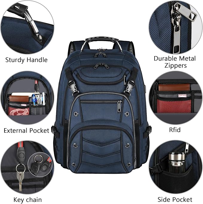 VECKUSON 18.4 Laptop Backpack for unisex, 60L Extra Large Gaming Laptops Back Bag with USB Charger Port,TSA Friendly Flight Approved and RFID Anti-Theft Pocket Heavy-duty Pack,21.3*15.7*11.8inch Blue