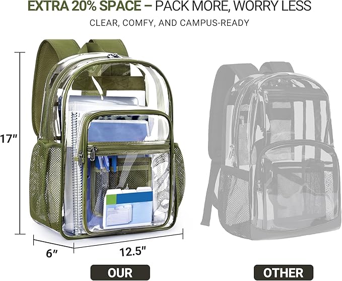 ZORFIN Clear Backpack Heavy Duty for School & Work – 17in Transparent PVC Bag with Large Capacity & Reinforced Straps – See Through Bookbag for Men, Women, Boys & Girls, Workplace Security - Green