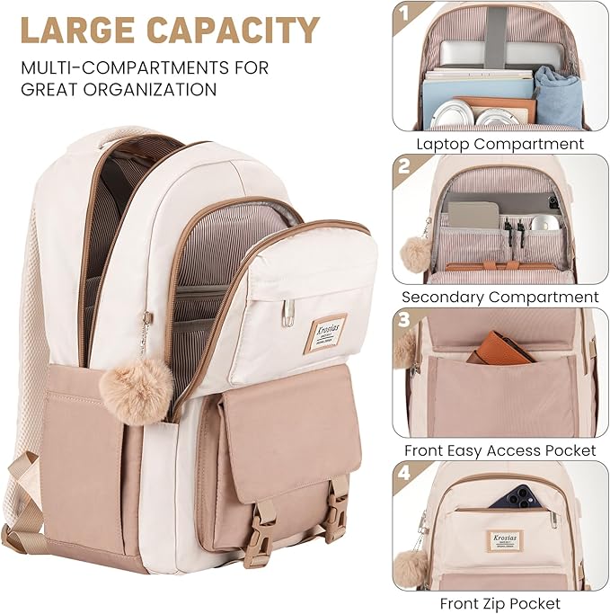School Backpack for Girls Teens, Cute Aesthetic College Backpacks Large 17.3 Inch Laptop Bag Preppy Bookbag for Women Students Travel (Khaki Beige)