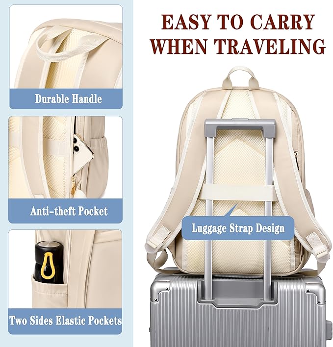 Hidds Travel Laptop Backpack for Women 15.6 Inch Computer Backpacks with USB Charging Hole Anti Theft Carry on Bag College Bookbag Large Back Pack for Work Business Travel Commuter Daypack-Champagne