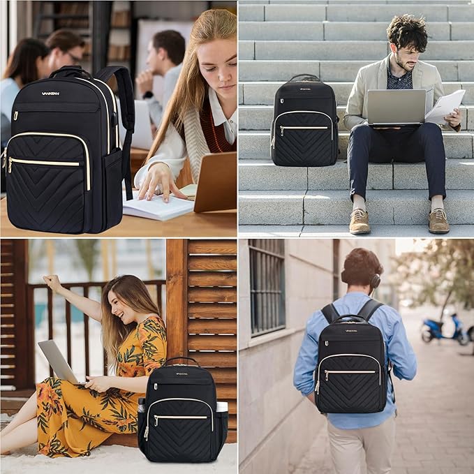 VANKEAN 17.3 Inch Laptop Backpack for Women Men Work Laptop Bag Fashion with USB Port, Waterproof Backpacks Nurse Stylish Travel Bags Casual Daypacks for College, Business, Black