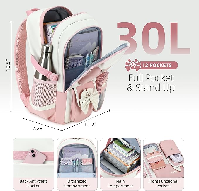 Laptop Backpack 16 Inch Kids Elementary Middle High School Bag College Backpacks Women Work Business Back Pack Travel Rucksack Large Bowknot Bookbag for Teens Girls Womens Students (Pink)