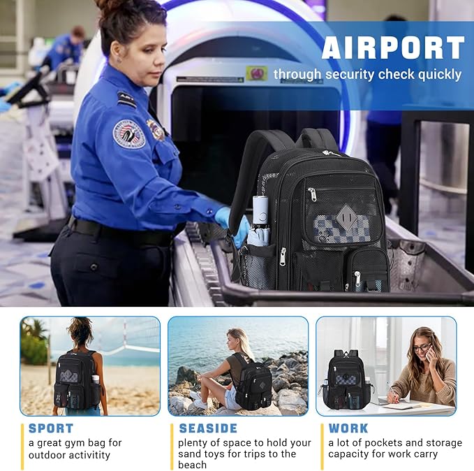 MOONBABY Mesh Backpack for School Heavy Duty See Through Net Bookbag Girls Boys Semi-Transparent Net Back Pack for Beach, Swimming, Sports, Work, Travel (Black)