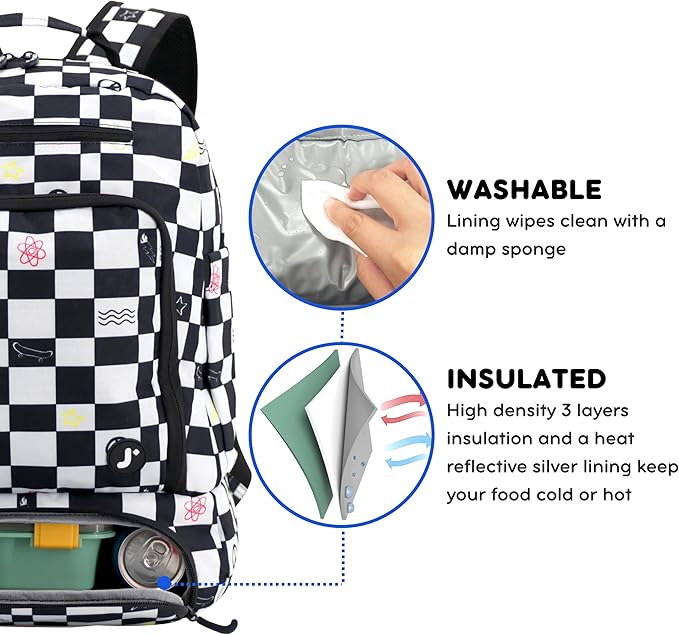 J World New York 2-in-1 Insulated Backpack Lunch Box for Kids. Adult School Bookbag, Icon Checkers