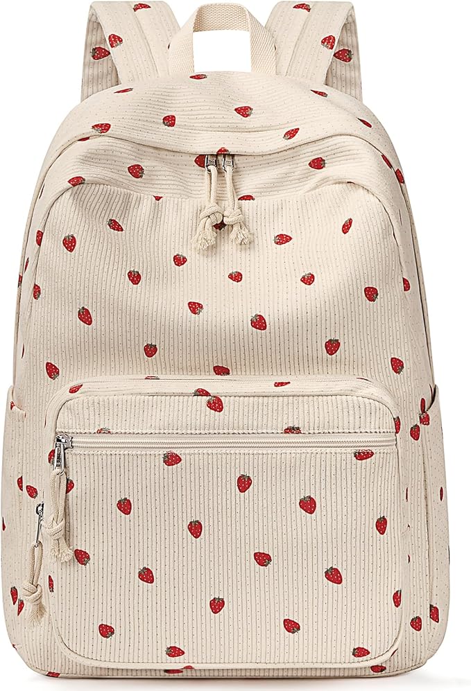 mibasies School Backpack for Girls with Laptop Sleeve: 18IN Large Capacity Corduroy Bookbag for Primary Middle School/College, Travel Daypack for Teens Women - Beige Strawberry