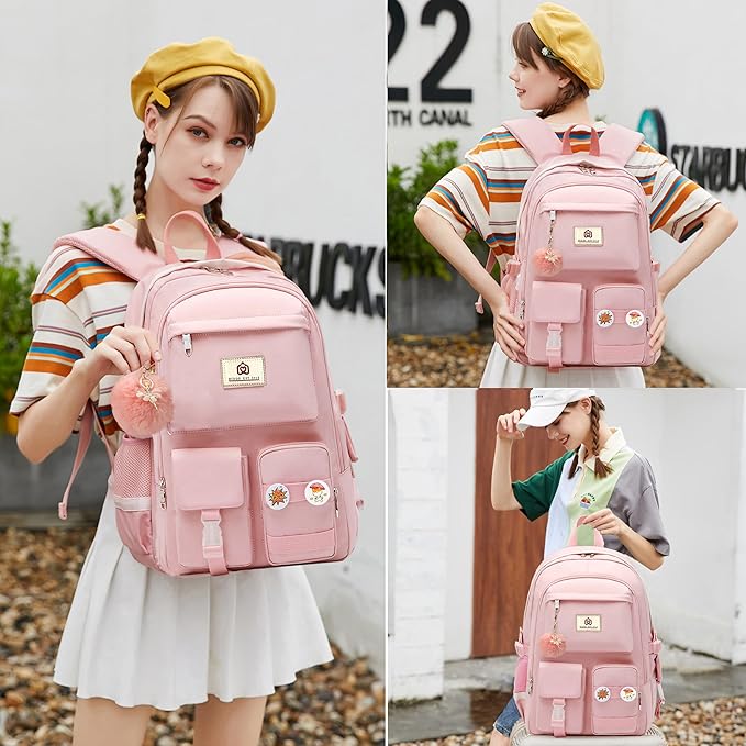 Hidds Laptop Backpacks 15.6 Inch College Backpack Elementary Middle High School Bag Large Cute Bookbags Anti Theft Travel Back Pack Casual Daypack Kids Book Bag for Teens Girls Women Students (Pink)
