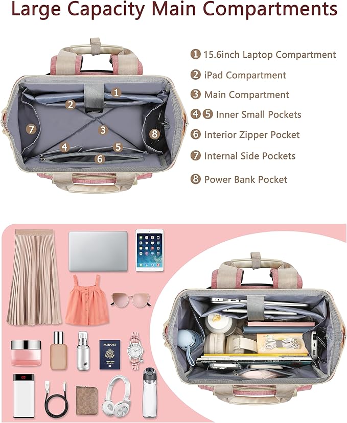 FALANKO Backpack for Women,Wide Open Work Large USB Charging Port Student Bookbag for 15.6 Inch Laptop,Doctor Teacher Nurse College School Travel Bag,Water Resistant Laptop Bookbag Computer Back Pack