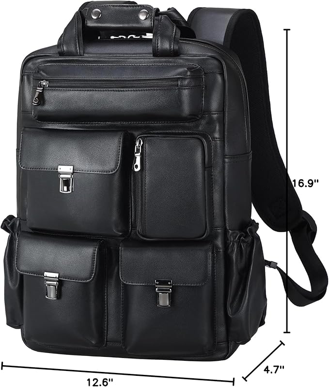 Masa Kawa Black Leather Backpack for Men 15.6 Inch Laptop Bag Multi Pockets Casual Work Business Travel Daypack