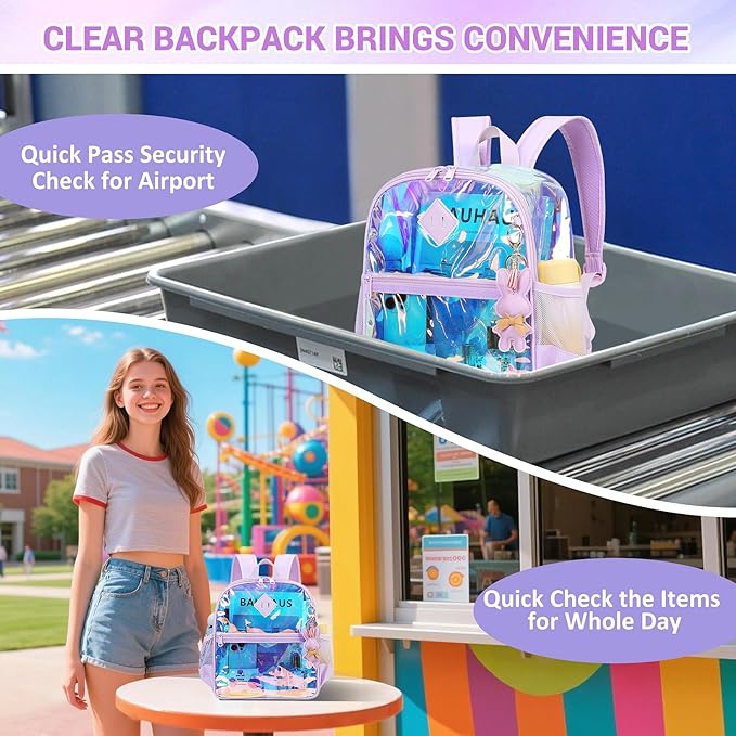 Clear Backpack for Stadium Events Approved 12×6×12, Thick TPU Mini Clear Bag with Front Pocket for Concert Sport Events Work Travel, Purple Iridescent