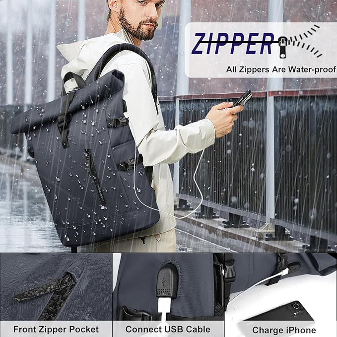 Rolltop Backpack for Men Women, 15.6 Inch Waterproof Travel Backpack with USB Charging Port, Expandable 18-27L Laptop Backpack Casual Daypack for Work Business College-Blue
