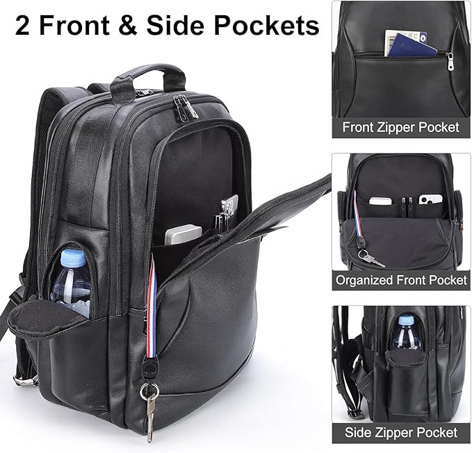 TIDING Genuine Leather Backpack for Men Large Capacity 17.3 Inch Laptop Bag Black Waterproof Business Work Travel Daypack