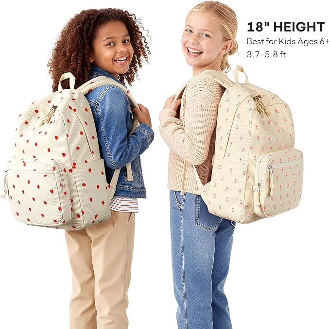 mibasies School Backpack for Girls with Laptop Sleeve: 18IN Large Capacity Corduroy Bookbag for Primary Middle School/College, Travel Daypack for Teens Women - Beige Rose
