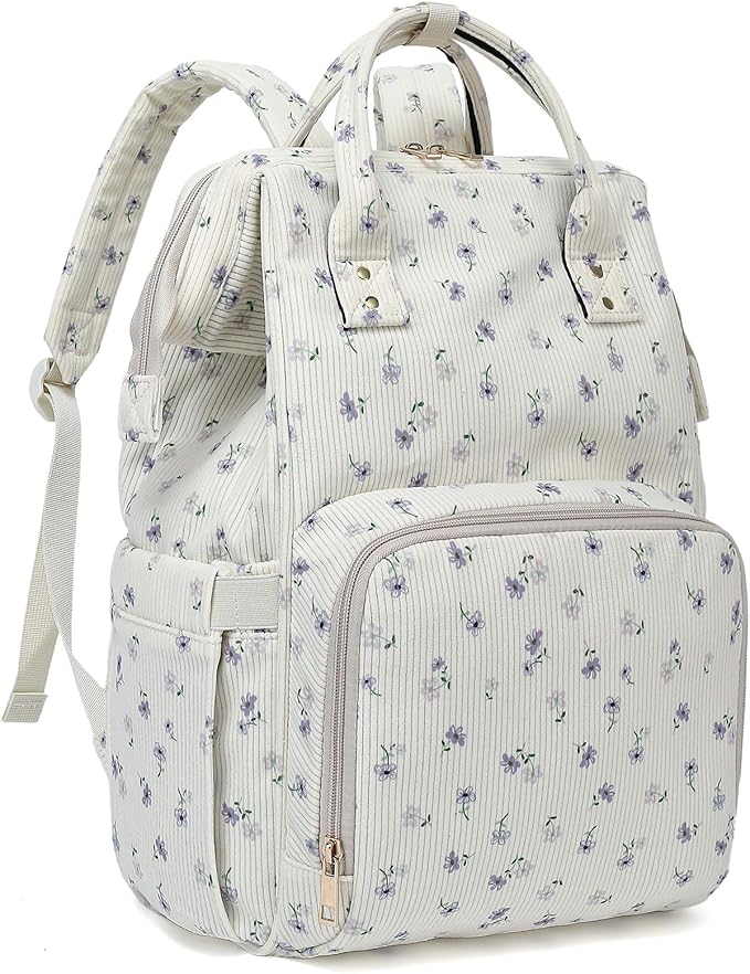 Laptop Backpack for Women, Corduroy College School Backpack Bookbag 15.6 inch Business Computer Travel Backpack (Flowers Purple)