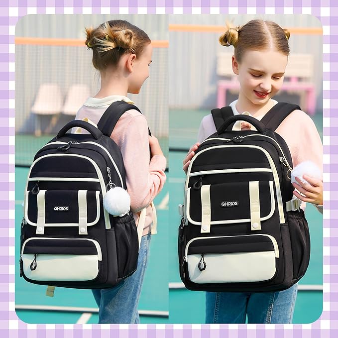 School Backpack for Girls, Laptop Backpack 15.6 Inch Kids Elementary Middle High School Bag Anti Theft Cute College Bookbags for Teens Girls Women Students Casual Travel Daypack,Black Beige