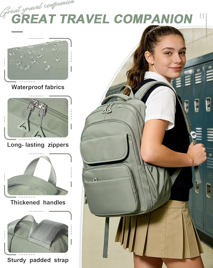 Student School Backpack for Teen Girls Middle High School Bookbag Casual Daypack, 15.6 Inch Laptop Backpack for College, Green
