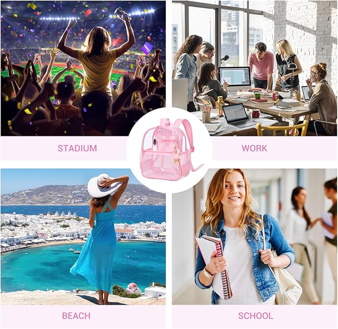 Clear Backpack for Stadium Events Approved 12×6×12, Thick TPU Mini Clear Bag with Front Pocket for Concert Sport Events Work Travel, Pure Pink