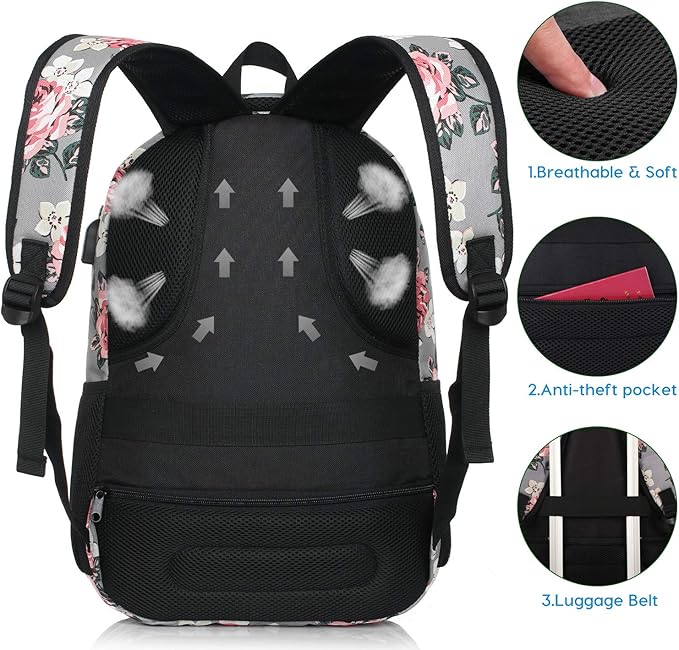 YAMTION Backpack for Women,School Backpack for Teen Girls College Backpack with USB Charging Port,Gray-Flower