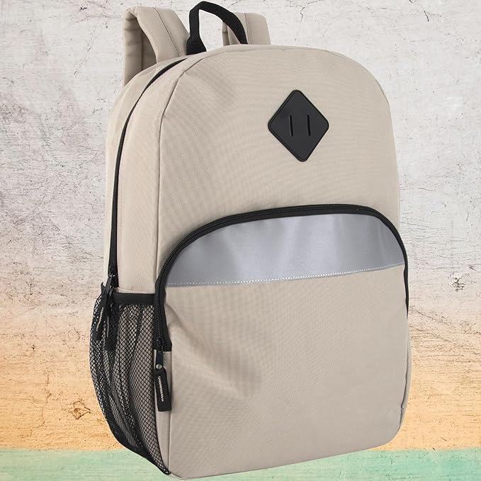 Trail maker Reflective School Backpack for Kids | Colorful Backpack with Adjustable Straps, Side Water Bottle Pockets (Khaki)