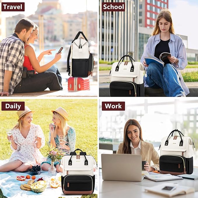 Laptop Backpack for Womem Work Bags: 18 Inch Anti Theft FashionTravel BackPacks With USB Charging Port Durable Back Pack Purse Bussiness Daypack for Nurse Teacher Beige Black Brown