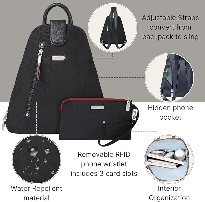 Baggallini Metro Backpack with RFID Phone Wristlet - 9x11 Convertible Sling Bag for Women with Adjustable Shoulder Straps