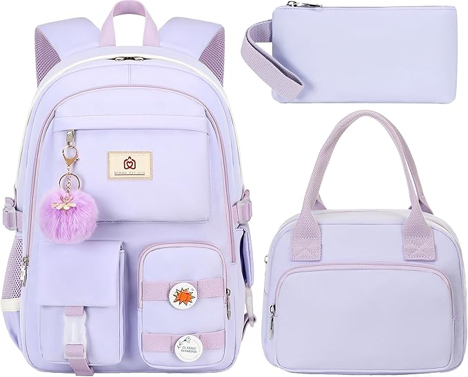 Hidds School Backpack for Teen Girls Women College Laptop Backpacks Girl Cute Bookbag Set with Lunch Box Pencil Case Kids Elementary Middle High Bag 3 Pcs Students Bookbags Set Travel Daypack-Purple