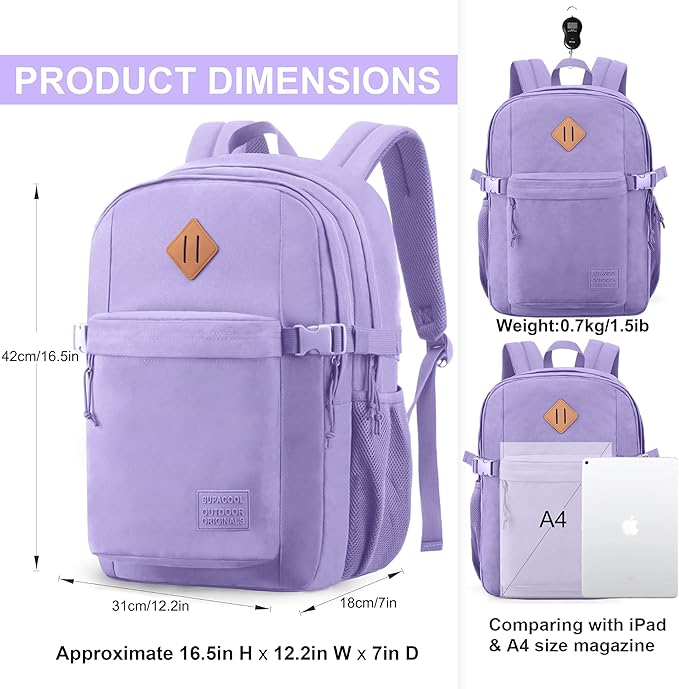 SUPACOOL Casual Backpack For School, Classical Travel Backpack for Men and Women, Bookbag for Boys, Girls and Kids, Laptop Compartment(Purple)