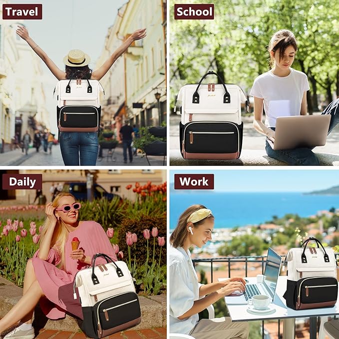 Laptop Backpack for Women, 17 Inch Work Business Backpacks Purse with USB Port, Large Capacity Doctor Nurse Bag Backbag, Waterproof Casual Daypack for Travel,Black-White-Brown