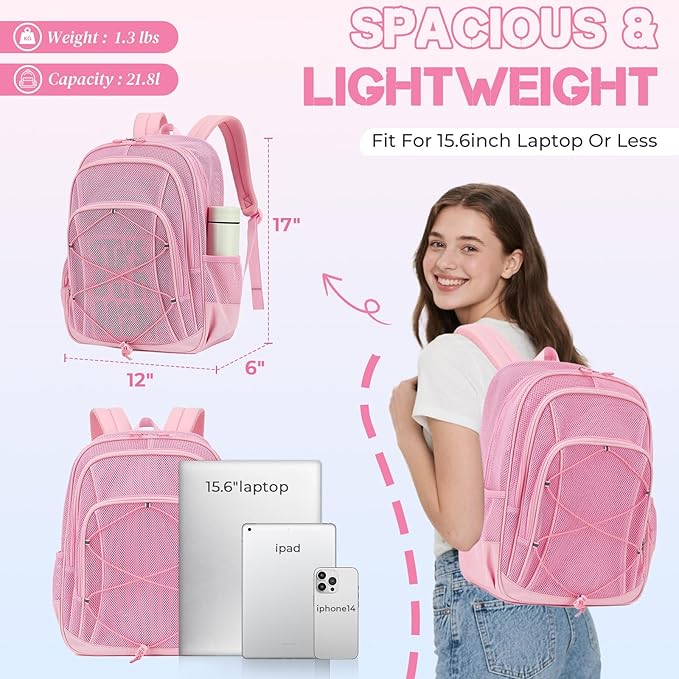 Mesh Backpack, Heavy Duty Mesh Bookbag for Girls Boys Kids, See Through Clear Backpacks, Net Backpack Transparent Breathable for School Beach Swim Travel Outdoor, Pink