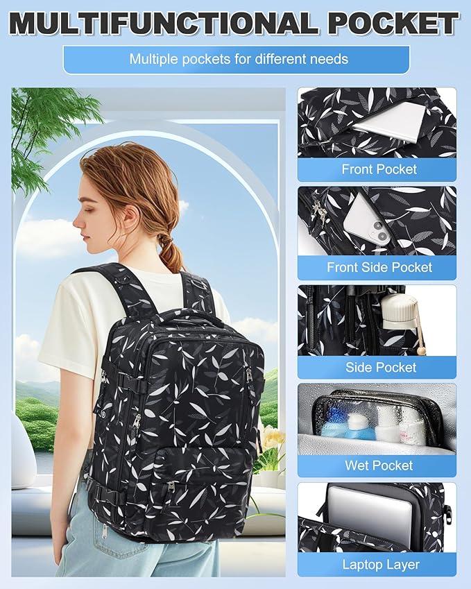 VGCUB Vacuum Backpack Travel with Pump Vacpack System Storage Compression Carry on Work Laptop Waterproof College Bags Casual Daypack Backpacks for Women Men with USB Charging Port Leaf Black