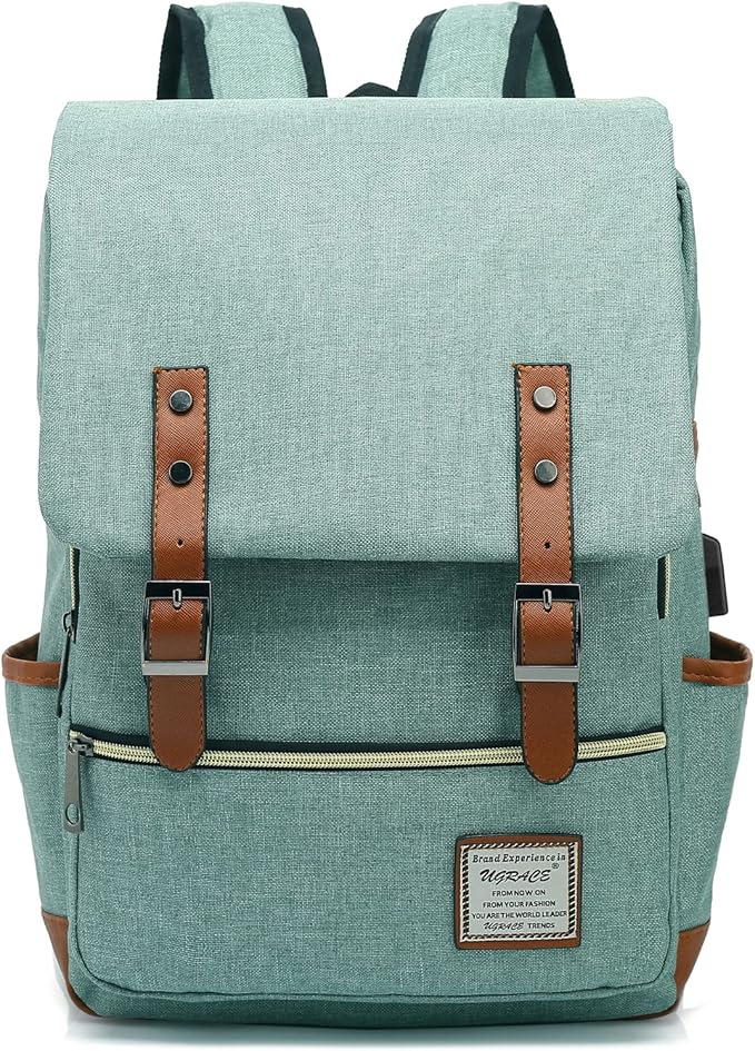 UGRACE Vintage Laptop Backpack with USB Charging Port, Water Resistant Travelling Backpacks College Bag for Men Women, Fits up to 15.6Inch Laptop in Green