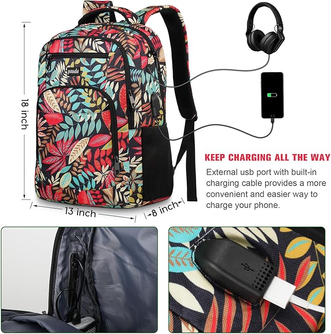 Paude Backpack Leaf Printing,Casual Backpack Bookbag Laptop Backpack with USB for College School Students Work Office Business