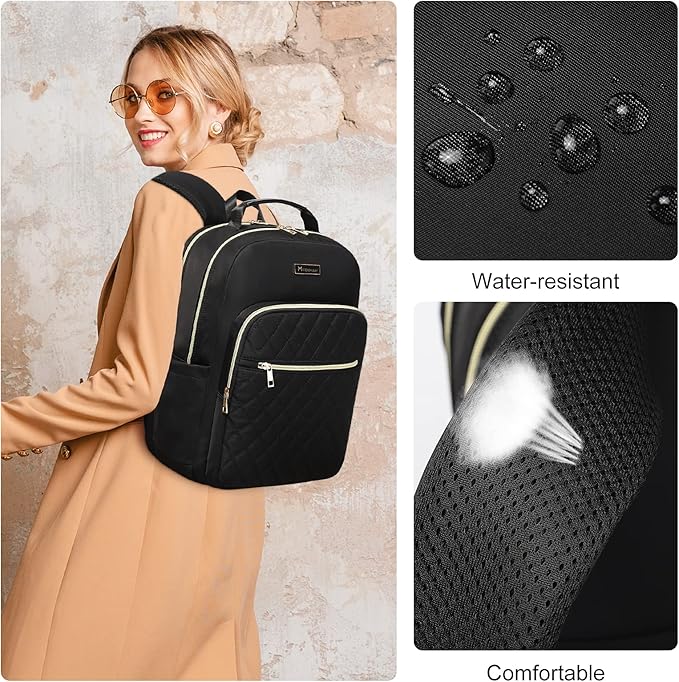 Modoker Eco-Friendly 15.6 Inch Laptop Backpack, Quilted Work Backpack for Women Bookbag Teacher Backpack with USB Charging Port, Travel Backpack Purse for Women Nurse, Black