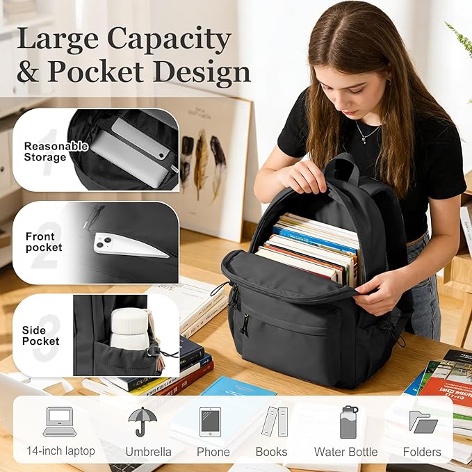Black Middle School Backpack For Men Women Simple Backpack For College Students Aesthetic High School Bag Waterproof Bookbag For Teens Girls Boys