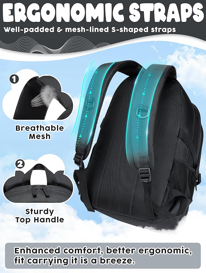 BLUEFAIRY High School Backpack for Girls Boys Middle School Bookbag for Kids Back to School Bag for College with Large Compartment Casual Daypack Mochilas para Niñas Adolescentes 18" Coal Black
