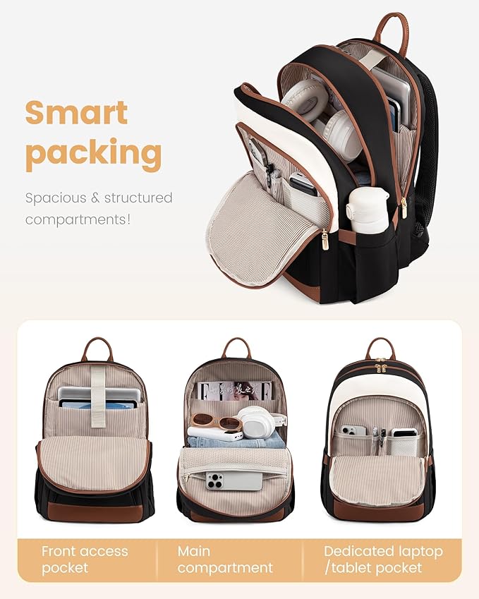 LOVEVOOK Travel Laptop Backpack Women, 15.6 Inch Anti Theft College Backpack Woman with Laptop Compartment, Large Water Resistant Black Computer Daypack for Work Casual Travel Essentials, Beige pink