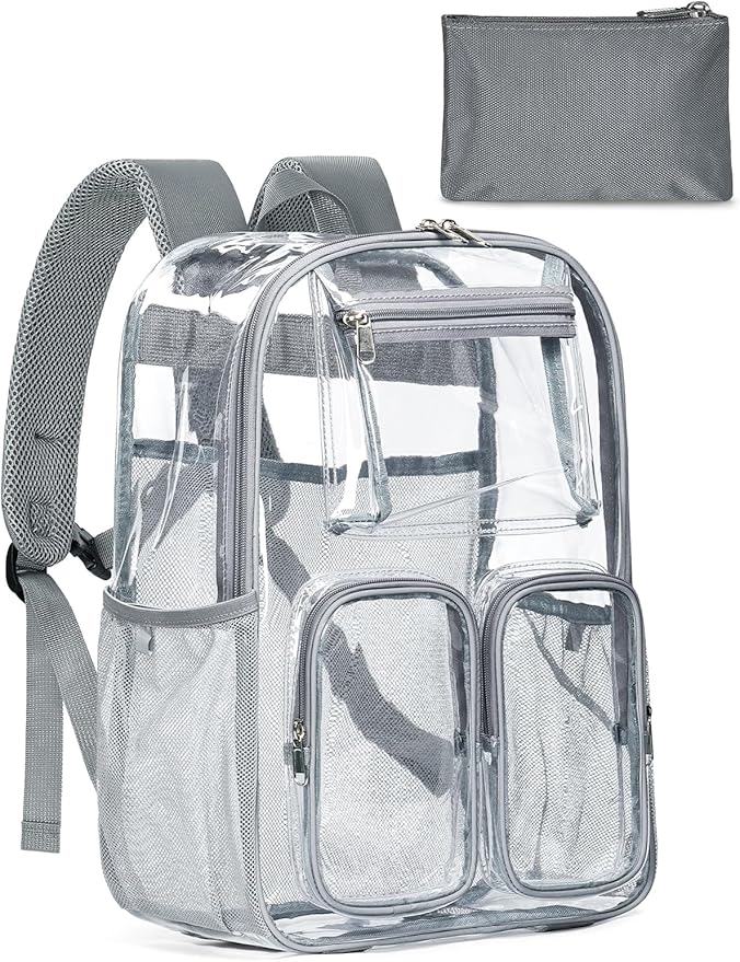 Large Clear Backpack Heavy Duty for Women Men Boys Girls, Clear Bookbag for School, 17 Inch Transparent Backpack with Accessories for Work Casual Sport, grey