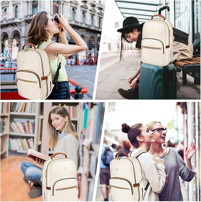 MATEIN Lightweight Quilted Laptop Backpack for Women, 15.6 Inch Slim Design Laptop Backpack with Leather Handles, Fashion Teacher Nurse Bag, Perfect for Work and Commute, Beige