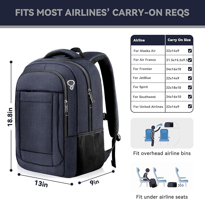 Laptop Backpack, 17 Inch Travel Backpack Airline Approved, Business Anti Theft Slim Sturdy Work Computer College High School Backpack Bag Fits 17.3 Inch Notebook for Men Women, Blue