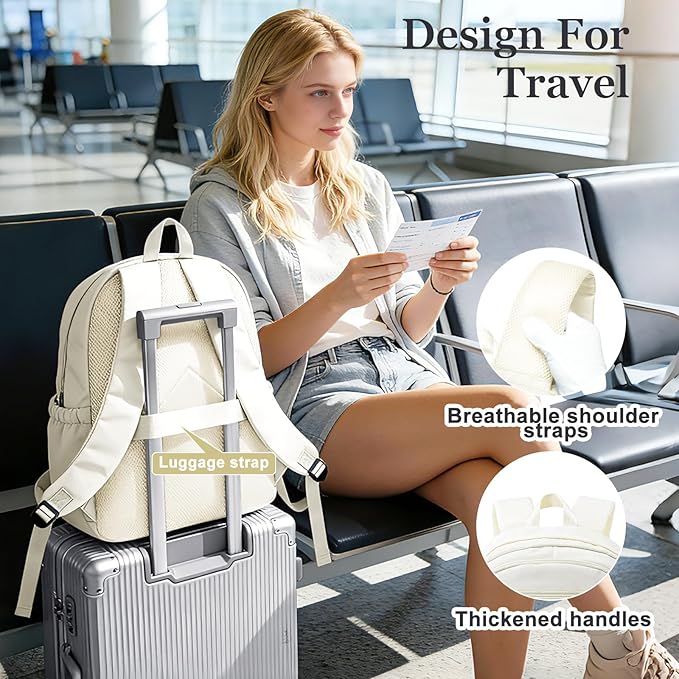 College Backpack For Women Men,Lightweight High School Bag,School Backpack With Lots Of Pockets,Cute Bookbag For Teens Boys Girls,Casual Daypack Backpack For School(Beige)