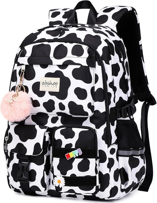 abshoo Big Student Laptop Backpack For College Women Middle High School Teen Girls Bookbag Travel Daypack (Cow Print Black)