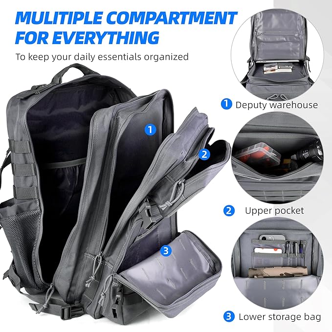 gracedon Tactical Backpack for Men 3 Day Rucksacks for Trekking Camping (grey)