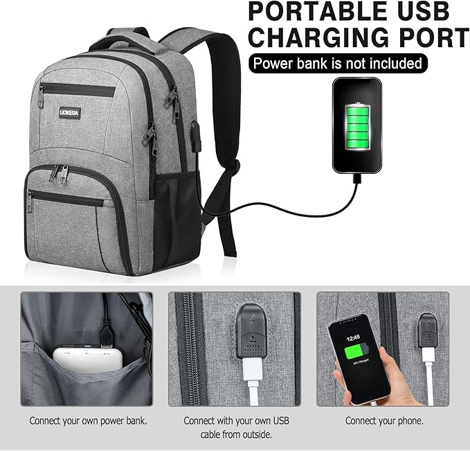 Travel Backpack, Large Laptop Backpack with USB Charging Port, Anti Theft Slim School Backpack for Men, Business Water Resistant College Bookbag Fits 17.3 Inch Computer Backpack, Grey