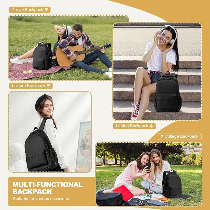 Lightweight School Backpack for Women Men, Black Laptop Travel Casual Daypack College Secondary School Bags Bookbag for Teenage Girls Boys