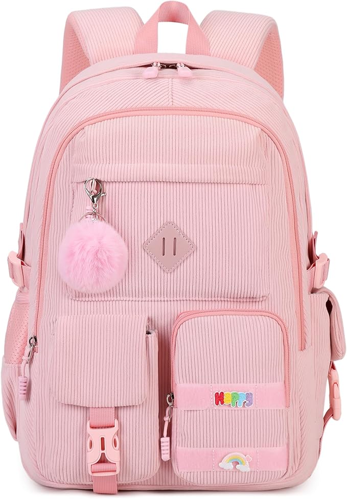 Girls Laptop Backpack Corduroy Bookbag For Teen Big Studen School Bag Durable Travel Daypack (3pink)