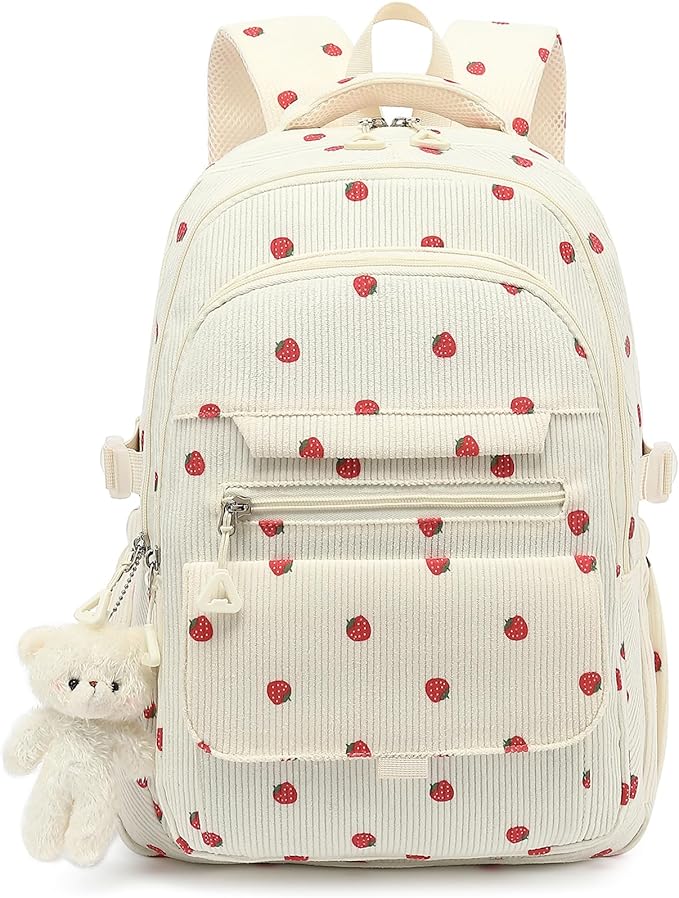 Girls Backpack for College High Middle School Student, Cute Aesthetic Bookbag for Teens Women with Accessories, Beige Strawberry